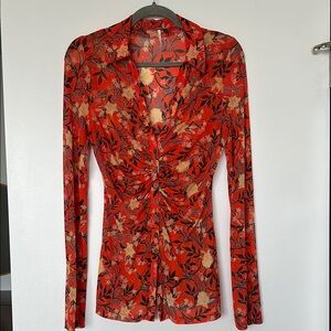 Floral Red Mesh Women's Top